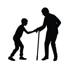 Silhouette of young person assisting elder holding cane on white background helping