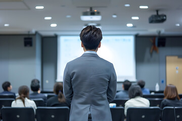 スライドの前に立つ日本人講師の後ろ姿