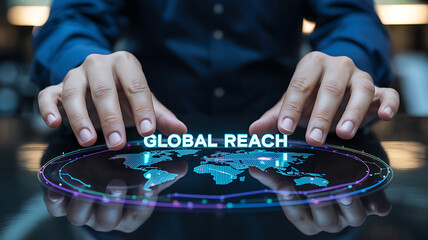 Person interacting with a futuristic holographic global network interface displaying world map