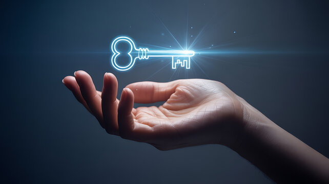Human hand holding a glowing digital key symbolizing access and opportunity
