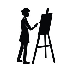 Black silhouette of a young person painting on an easel artist brush