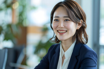 自然光の中で明るく笑う日本人女性ビジネスパーソン