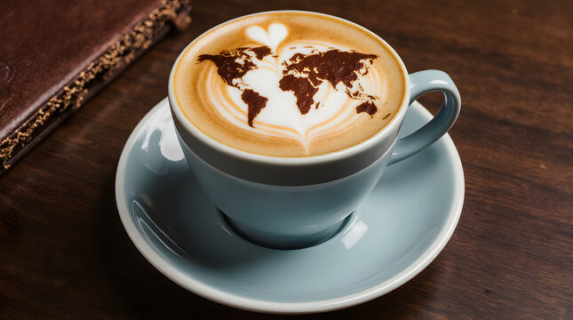 A cup of latte with world map latte art and a heart shape on top, placed on a wooden table