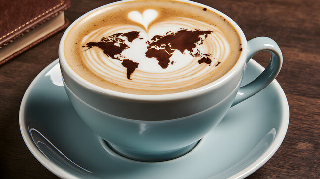 A cup of latte with world map latte art and a heart shape on top, placed on a wooden table