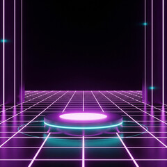 photo mockup neon a retrofuturistic product podium in neon purple and cyan colors, surrounded by glowing grid lines on the floor. Dark background, glowing elements, 80s synthwave mood. 