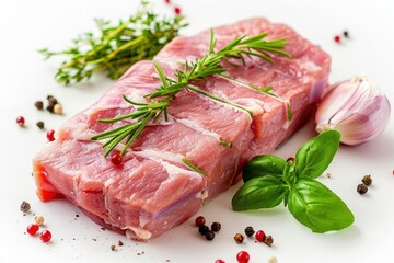 Fototapeta premium Raw meat, veal loin seasoned with rosemary, garlic, pepper and thyme, ready for roasting