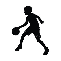 Black silhouette of a young boy dribbling a basketball on a white background sports