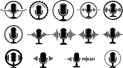 Podcast logo icon microphone vector design waveform set isolated. Podcast logos emblem circle with audio sound wave icons in black color
