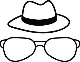 Sunglasses and Hat Line Art Drawing on White Background