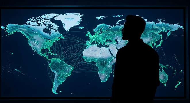 Person looking at global network map