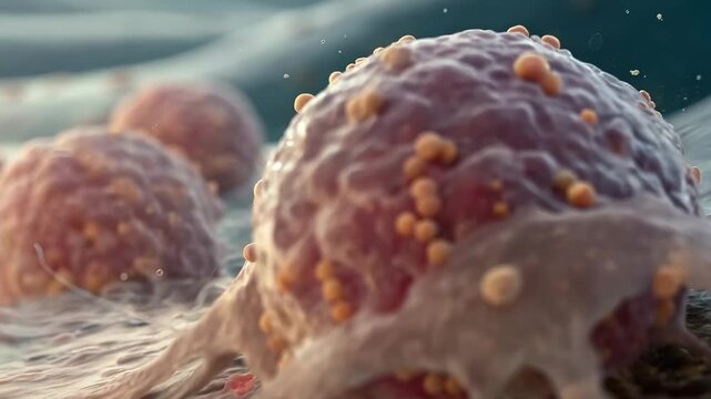 Breast cancer cell and tumor concept. A highly detailed close-up view of a cancer cell showing its irregular structure and surface under a microscope.
