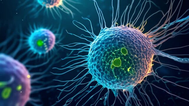 Breast cancer cell and tumor concept. A colorful, close-up 3D visualization of a cell with extended filaments and internal organelles floating in a dark, microscopic environment.