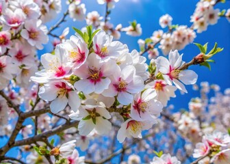 Fototapeta premium Large white and pink flowers covering the branches of an almond tree in full bloom against a blue sky with green leaves
