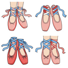 Four sets of ballet shoes are illustrated each with distinct ribbon colors and positions