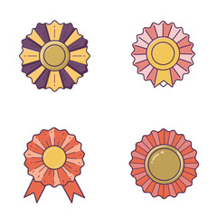 Four rosette ribbons of varied colors all featuring a central gold button