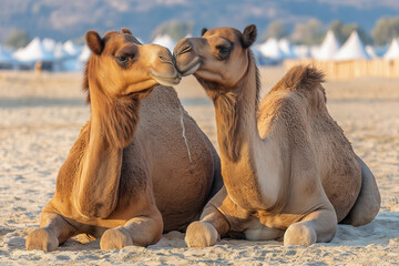 two camels sitting on the sand with their heads touching noses together, with tents in the background