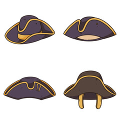 Four cartoon tricorne hats in purple dark gray and brown with gold trim are arranged on a white background