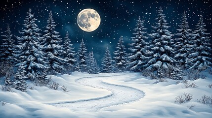 Naklejka premium Snowy winter landscape under a full moon.