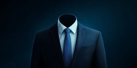 A surreal concept of an invisible man wearing a perfectly tailored business suit against a dark background, representing anonymity, a corporate role, or a vacant position
