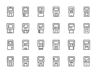 "Collection of Modern ATM and Self-Service Kiosk Icon Set in Line Style – Editable Vector Icons for UI/UX, Banking, Payment Terminals, and Fintech Applications"