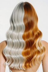 Fototapeta premium A person with long wavy hair dyed half orange and half purple, viewed from the back against a plain background