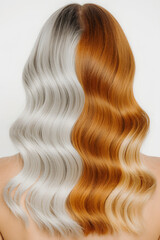 Naklejka premium A person with long wavy hair dyed half orange and half purple, viewed from the back against a plain background