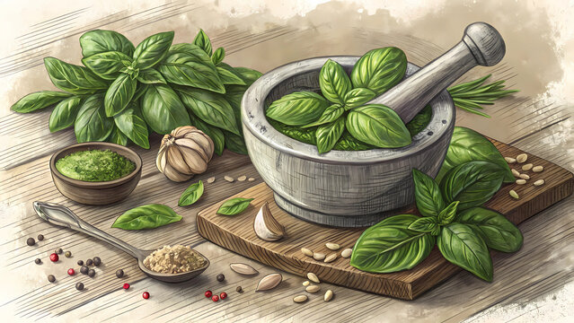 Pesto sauce recipe fresh basil ingredients mortar and pestle italian cuisine cooking preparation herbs garlic