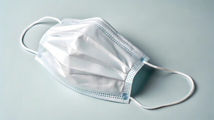 White surgical face mask for protection against viruses and bacteria on a light blue background close up