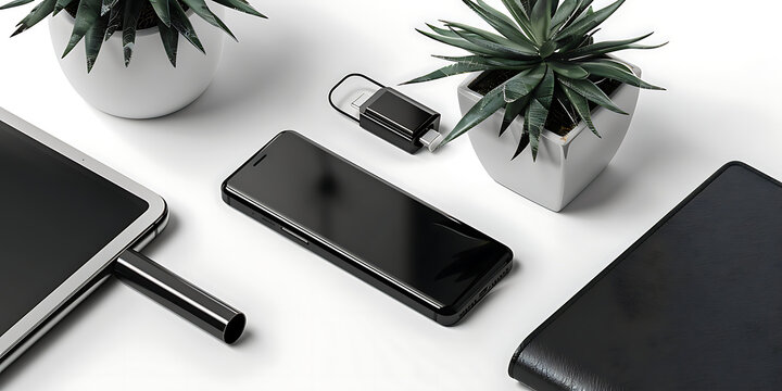 Smartphone, Tablet, Potted Plants, Notebook, and Pen Arranged on a White Desk

