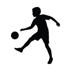 Black silhouette of a boy kicking a football on a white background child soccer ball