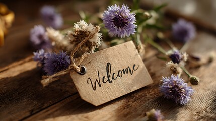 Naklejka premium Rustic welcome tag adorned with delicate purple cornflowers and twine on weathered wood