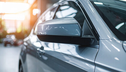 Obraz premium Close Up of Metallic Wing Mirror on Modern Car for Auto Transport Concept Vehicle Design Detail or Premium Automotive Industry Background