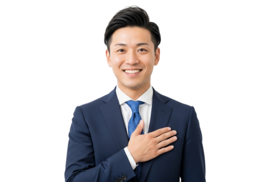 trustworthy asian executive in business suit standing with confident expression

