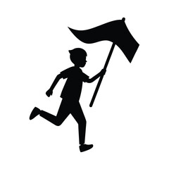 Black silhouette of a young person running with a flag on a white background vector