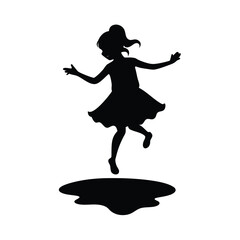 Black silhouette of young girl jumping in puddle on white background child