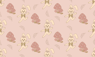 Playful Bunny and Mushrooms Seamless Pattern in Soft Beige