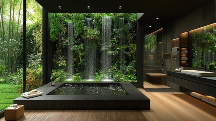 Tranquil indoor spa with lush waterfall feature.