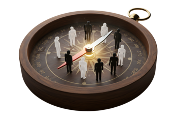 A compass shows white  black figures encircling its center