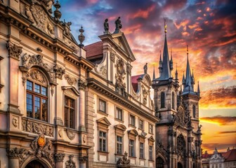 Fototapeta premium Facade of a historic building in Prague at sunset