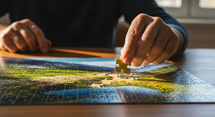 Person placing jigsaw puzzle piece