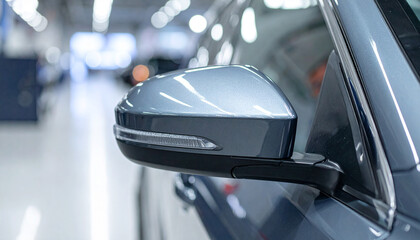 Close Up of Metallic Wing Mirror on Modern Car for Auto Transport Concept Vehicle Design Detail or Premium Automotive Industry Background