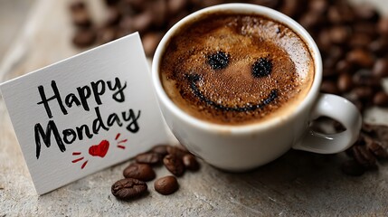 A delightful cup of coffee with a smiley face and a happy monday message