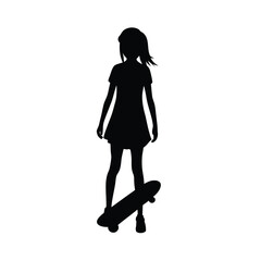 Black silhouette of a girl standing with a skateboard on a white background vector