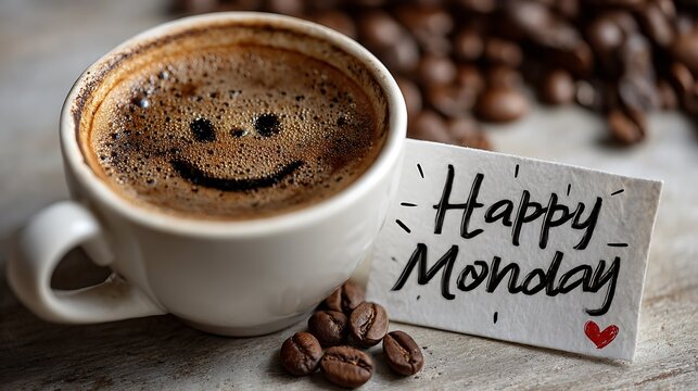 A cheerful cup of coffee with a smiley face and a happy monday note awaits