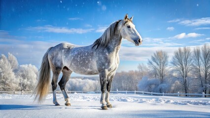A majestic dapple gray horse stands tall in a snow-covered paddock under a clear blue sky with gentle snowflakes falling on its coat