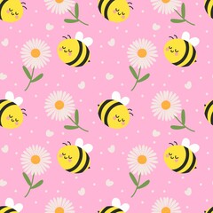 Cute bee and daisy flower pattern on pink background with hearts and dots. Perfect for kids’ fabric, nursery decor, and playful spring-themed designs.