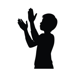 Black silhouette of a young person clapping hands on a white background applause