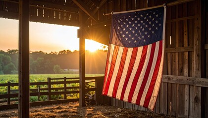 American Flag in a Barn at Sunrise