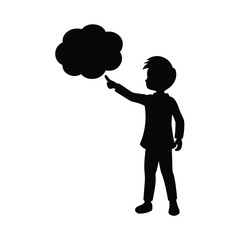 Black silhouette of a young boy pointing to a black thought bubble on a white background child finger
