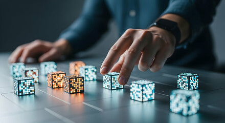 Hands manipulating glowing cubes